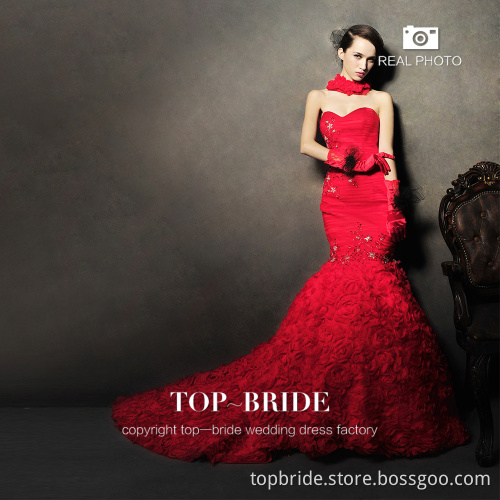 S950 Real Photos Red Mermaid Rose Flower Wedding Dress